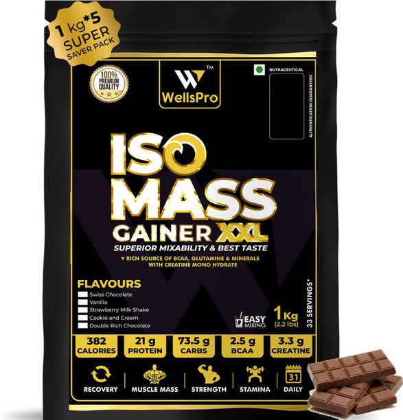 WellsPro ISO MASS Gainer XXL Protein Powder 5kg [166 Servings] with BCAA Glutamine Creatine Weight Gainers/Mass Gainers