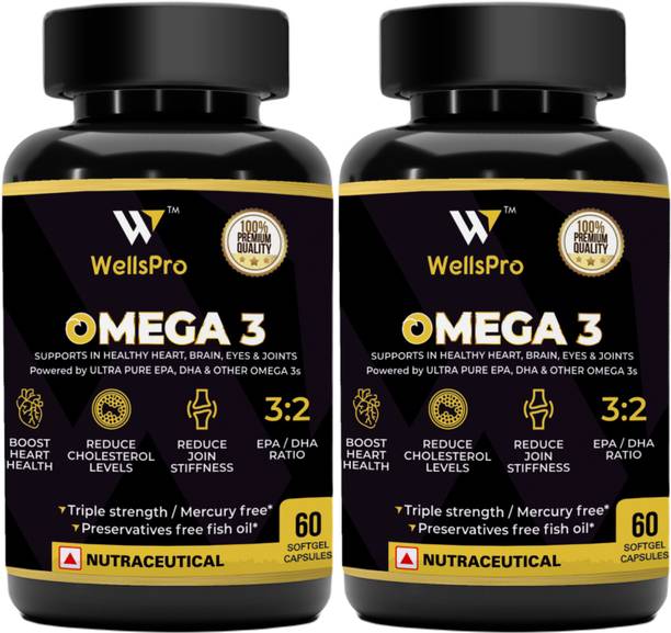 WellsPro Omega-3 Fish Oil 60 Soft gel Capsules 1000mg Triple Strength (550mg EPA 350mg DHA)