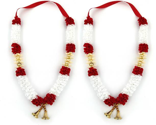 Bhakti Lehar ( Size: 12 Inches ) Handmade Artificial Garland mala for God Photo Frames | Plastic Ribbon Flower Mala Haar for God Idols, Photo Frame, Mandir and Temple ( Red & White ) Satin Garland