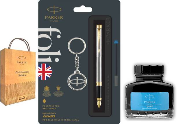 PARKER Folio Gold Trim Fountain Pen with Blue Quink Ink Bottle,Key Chain and Gift Bag Fountain Pen