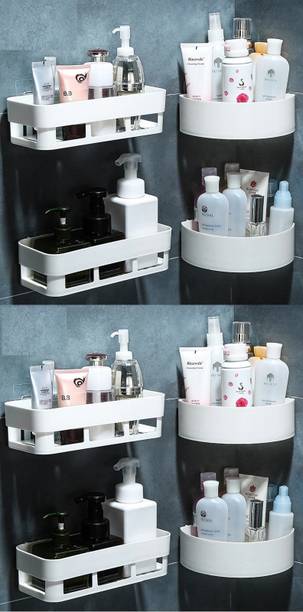 KRONIC Pack of 8 Triangle Plastic Multipurpose Kitchen & Bathroom Storage Corner Shelf And Rectangle Plastic Bathroom Storage Shelves With Magic Strong Sticker,Self Adhesive Shower Caddy Plastic Kitchen Cabinet