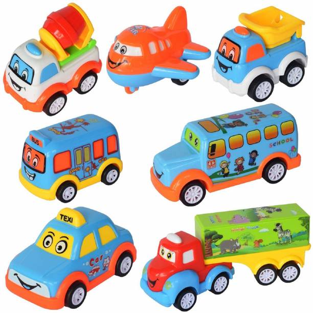 KTRS Plastic Power Friction Pull Back, Push and Go Car, Cute Crawling Miniature Vehicle Toy for Toddler Kids 3 Years & Above (Pack of 7, Multicolor)