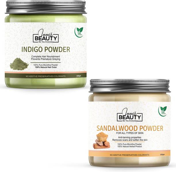 Inner Beauty 100% Natural & Pure Indigo Powder For Long Lasting Herbal Hair Colour Hair Pack 100 GM (Pack of 1) 100 GM & 100% Natural & Pure Sandal Wood Powder For Soft, Pimple free, Glowing & Shiny Skin (Skin & Face Care) 200 GM (Pack of 2) 100 GM Each