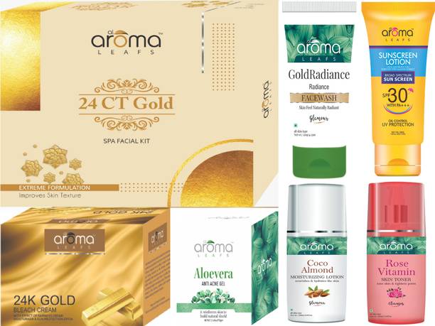 AlAroma Leafs GOLD FACIAL KIT + GOLD BLEACH + SPF30 + ALOEVERA GEL + GOLD FACE WASH + MOISTURIZING LOTION WITH ROSE VITAMIN TONER
