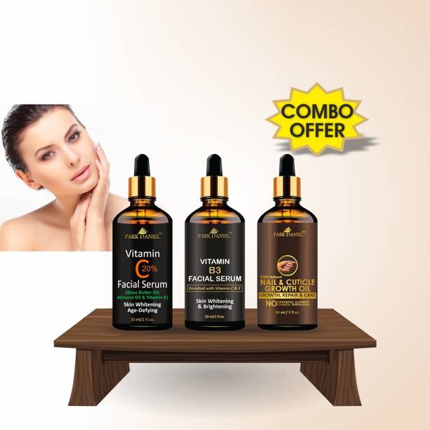 PARK DANIEL Premium Vitamin C Facial Serum, Vitamin B3 Facial Serum & Nail & Cuticle Growth Oil Combo Pack of 3 Bottles of 30 ml(90 ml)