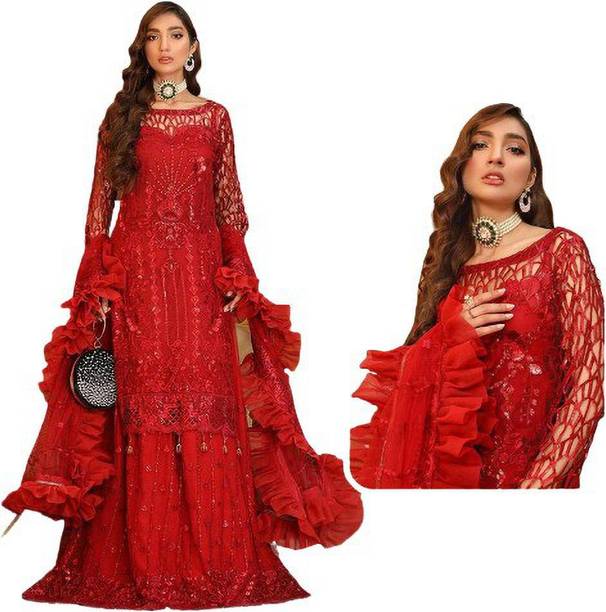 Semi Stitched Net Gown/Anarkali Kurta & Bottom Material Embroidered