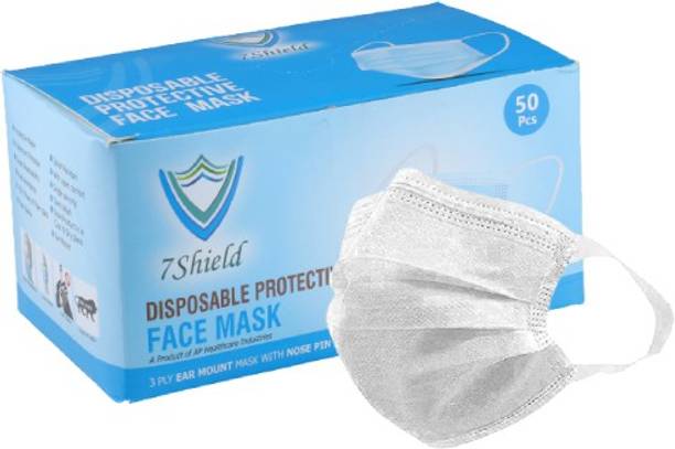 7SHIELD CE and ISO Certified with Extra soft Fabric ear loop and Inbuilt Plastic coated Nose pin disposable Blue unisex mask White soft fabric Ear loop Water Resistant Surgical Mask