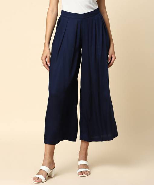 Women Flared Yellow Viscose Rayon Trousers