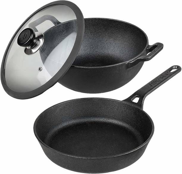 VINOD Legacy Pre Seasoned Cast Iron Combo Set of 2-24cm Frypan, 3.3 Litre Kadai इंडक्शन बॉटम कुकवेयर सेट
