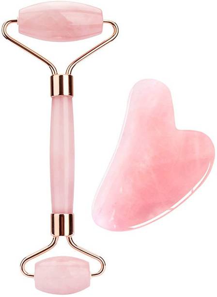 jaderoller Rose Quartz face Massage Rose Quartz Roller and Gua Sha set - Anti Aging Facial Roller - Face Massager - Real Rose Quartz Scraping Tool for Slimming, Firming, Removes Wrinkles Massager