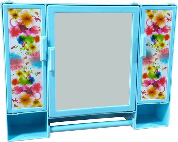 Maskey (Size: 18 x 14 x 4 Inches, Medium) Elegant Blue Classic Multipurpose Virgin Quality PLastic Tripple Door Storage Cabinet / Medicine Cabinet / Bathroom Mirror Cabinet with two Adjustable Storage Shelves and Extra Towel Rod Surface Mounting Medicine Cabinet