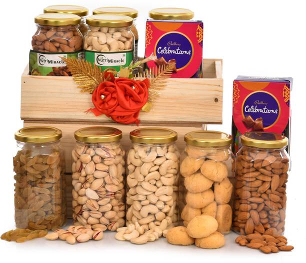 NUTRI MIRACLE Dry Fruit & Nut Gifts Hamper/Box With Cashew,Almonds,Raisins,Pistachios,Cookies,Celebrations Pack For Bhai Dooj/Birthday/Anniversary/Christmas/Corporate Gift/Thanks Giving, 550gm Wooden Gift Box
