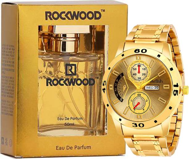 RELish Analog Gold Dail Watch with Perfume Mens Combo Pack, Gift Set for Diwali, Birthday, Anniversary and Special Occasion Paper Gift Box