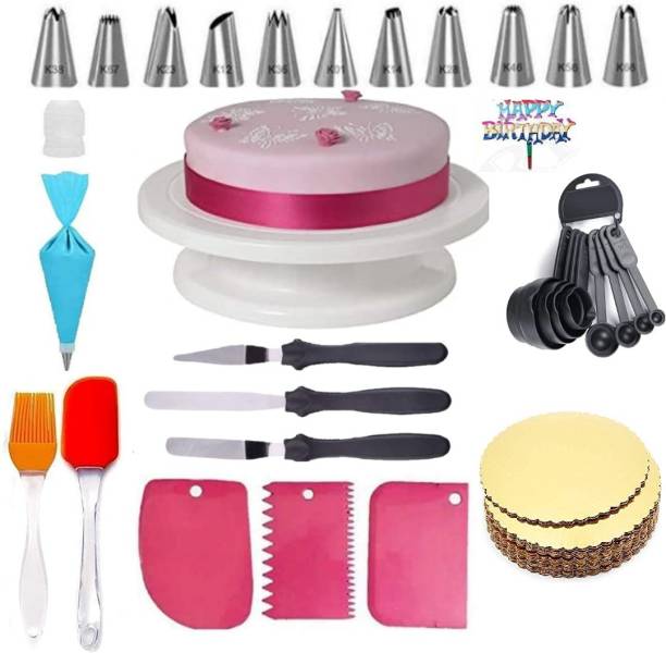 SHREE SADGURU CREATION Combo of Cake Making Revolving Turntable,12 Piece Decorating nozzles, Coupler Silicone Icing Bag, with 1 Cake Base, 3 Icing Spatula,8 Piece Spoon ,1 Set of silicon Spatula and 3 Icing Smoother and 1 Birthday tag free Kitchen Tool Set