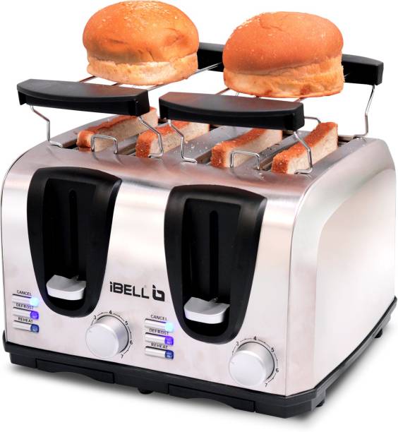 iBELL 130G 2-in-1 Bread Toaster, 4 Slices with Detachable Bun Warmer Grill 230 W Pop Up Toaster