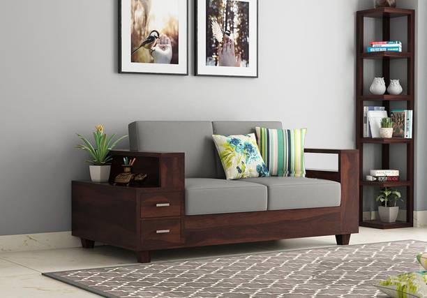 Balaji Furniture Sheesham Wood 2 Seater Sofa With 2 Drawers & Shelf Storage For Living Room, Lounge & Office Fabric 2 Seater  Sofa