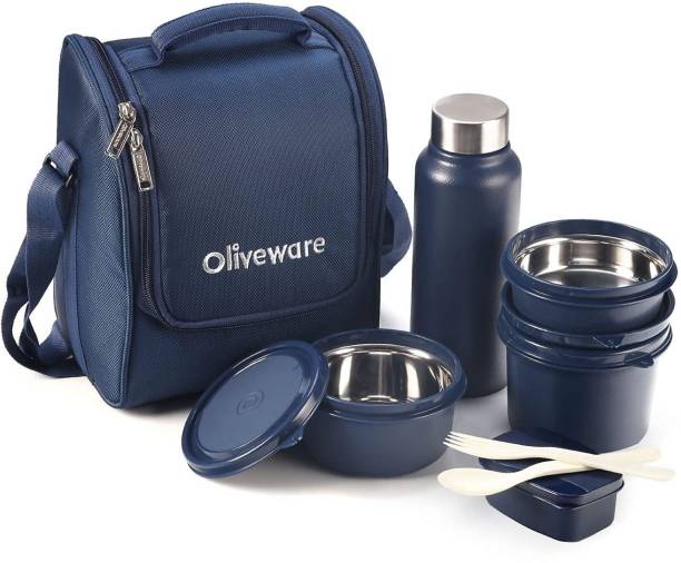 Oliveware Teso Lunch Box with Bottle | Insulated Fabric Bag | 3 Stainless Steel Containers | Plastic Pickle Box | Spoon & Fork | Leak Proof | Microwave Safe | Full Meal | Easy to Carry 4 Containers Lunch Box