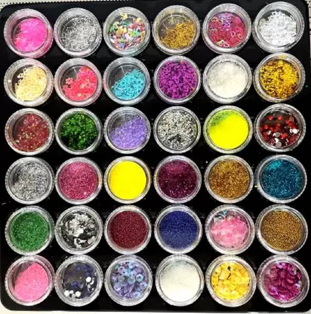 lakyou Glow Professional Nail Art 3D Nail Art Decoration, Rhinestones, Diamonds, Sequins, Glitter, Metal Crystal Beads Design, 36 Different Arts Set,Nail Glitter Powder Eye Shadow Glimmer Nail Art (Multicolor)