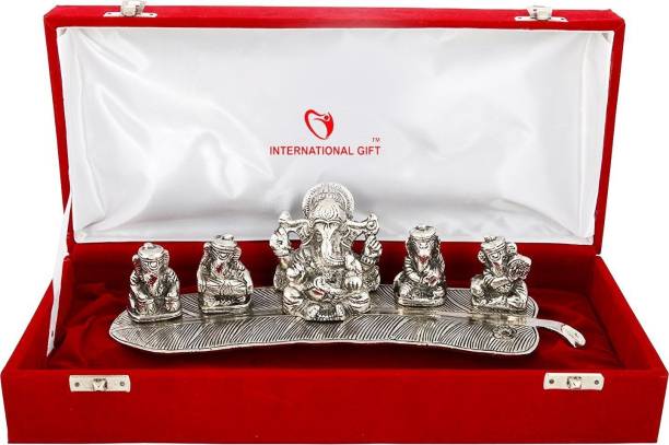 INTERNATIONAL GIFT Silver Plated Musical Ganesh God Idol With Velvet Box Packing (14/28 Cm, Silver) Religious Tile