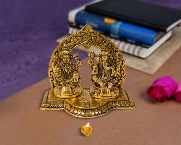 Regallo Premium Quality Laxmi Ganesh Singhasan Idol Showpiece - Metal (gold) Lakshmi Ganesh Decorative Showpiece  -  13 cm