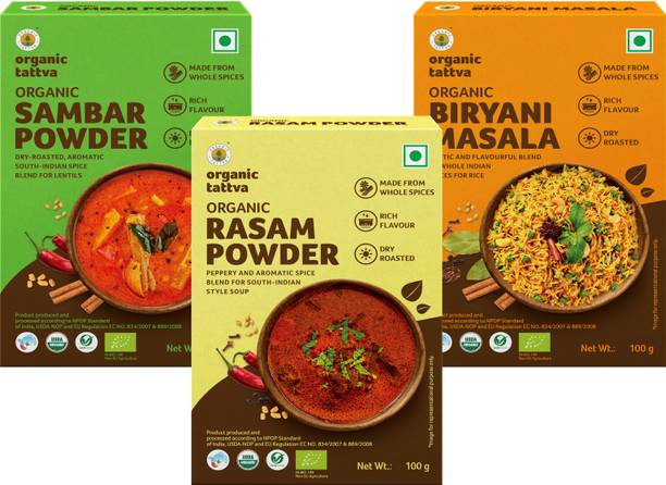 Organic Tattva South-India Organic Masala Combo (Sambhar Powder, Rasam and Biryani Masala) - 300 Gram | Rich in Flavour, Dry Roasted and Made from Whole Spices | Authentic and Flavourful Spice Blend |