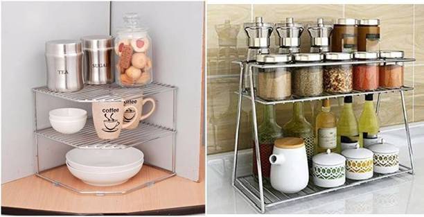Somkala Chakla/Belan Kitchen Rack Steel Present a combo pack stainless steel multipurpose corner rack + spice rack