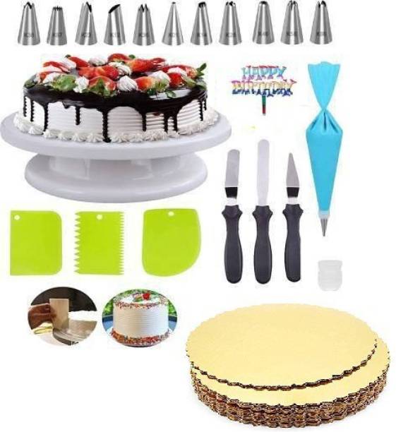 SHREE SADGURU CREATION Cake Decorating Stand with 3pcs Plastic Scraper,3-in-1 Multi-Cake Icing Spatula Knife with 12 Piece Cake Decorating Nozzles Set AND 1 CAKE BASE BOARD ,1 BIRTHDAY TAG FREE Kitchen Tool Set Kitchen Tool Set
