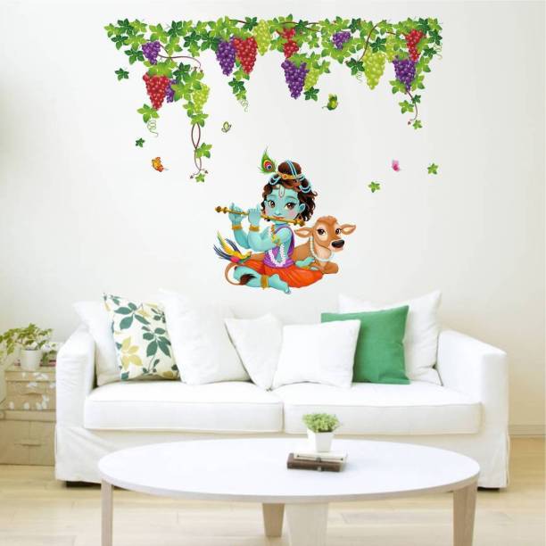 rawpockets Wall Decals ' Lord Krishna Playing Flute under Grapes garden Combo'Wall Stickers |PVC Vinyl | Multicolour Large Self Adhesive Sticker