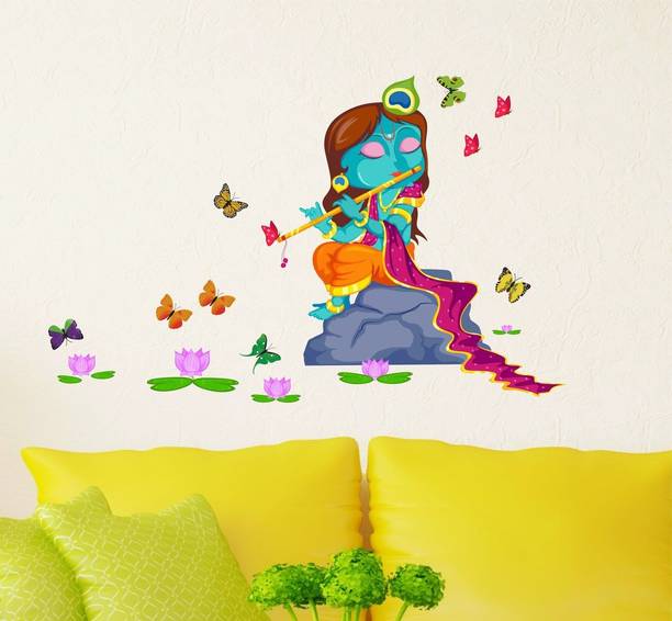 Aquire 105 cm Lord Krishna with Flute in Butterfly Background Wall Sticker Self Adhesive Sticker
