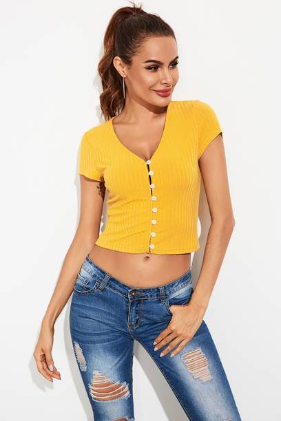 Urbanic Printed Women Round Neck Yellow T-Shirt