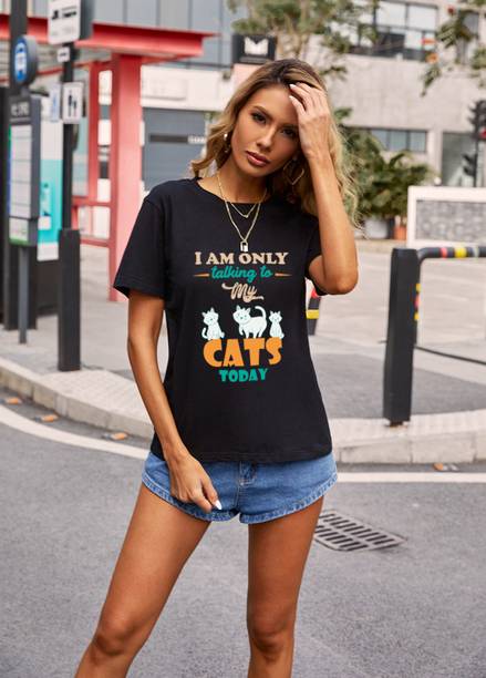 Urbanic Printed Women Round Neck Black T-Shirt
