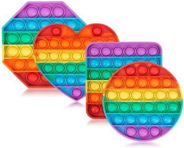 fizz FunBlast Pop it Fidget Toy - Pack of 4 -Square, Hexagon, Round & Heart Pop It Fidget Toy, Autism Special Needs Silicone Stress Reliever, Squeeze Sensory Toy (Multicolor)