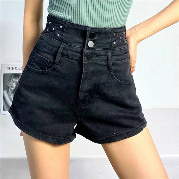Urbanic Solid Women Black Denim Shorts
