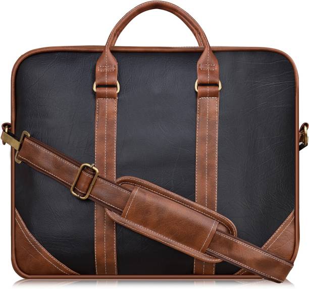 parth Black & Tan Color Faux Leather 10L Office Laptop Bag For Men & Women BG43 Waterproof Messenger Bag