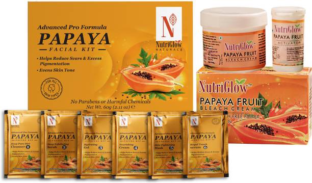 NutriGlow NATURAL'S Advance Pro Formula Papaya Facial Kit (60gm) & Papaya Bleach For Anti Blemish, Pigmentation & Even Tone Correction - (43gm)