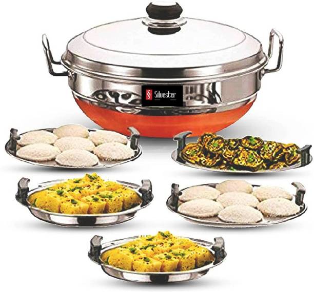 Silvester Stainless Steel 6 pcs Multi Kadai with Stainless Steel lid, 2 idli Plates, 2 dhokla Plates and 1 patra Plate of multi uses Kadai with big Size 5 Plats, Idli maker, Dhokhla maker and momos Steamer (Copper Bottom) Standard Idli Maker