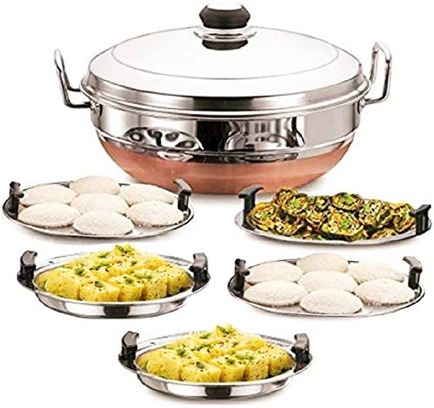 Silvester Kitchen King All-in-One Stainless Steel Idli Cooker Multi Kadai Steamer with Copper Bottom Pot Set Includes, Big Size 5 Plate (Copper Bottom) Standard Idli Maker