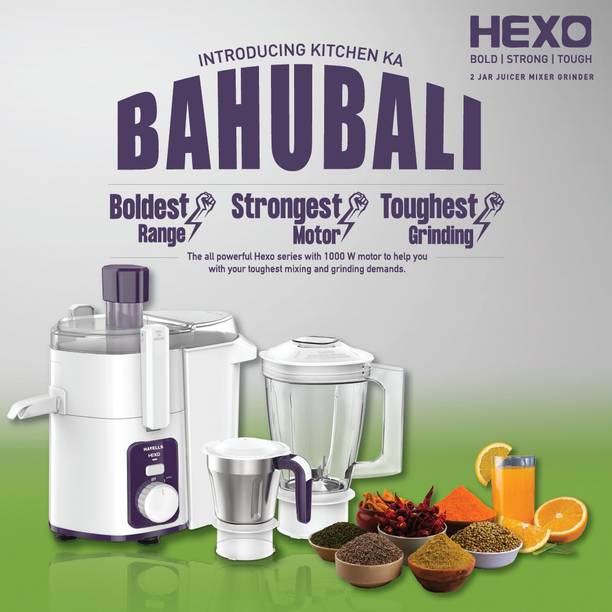 HAVELLS Hexo 2 Jar 1000 W Juicer Mixer Grinder with 1 year extended warranty (2 Jars, White, Purple)
