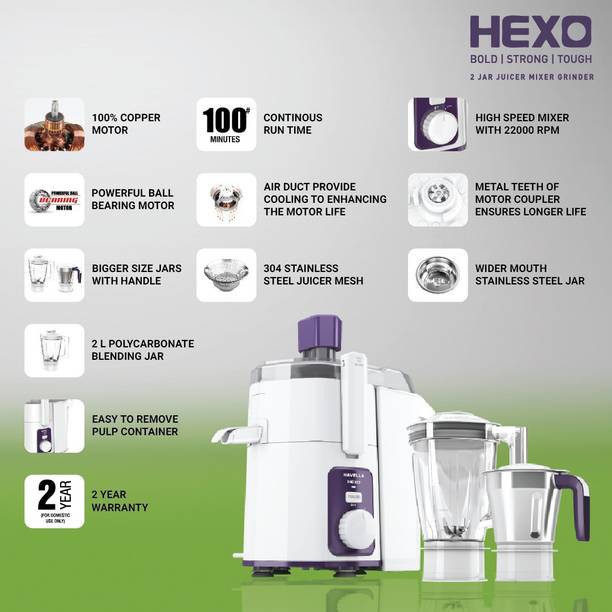 HAVELLS Hexo 2 Jar 1000 W Juicer Mixer Grinder with 1 year extended warranty (2 Jars, White, Purple)
