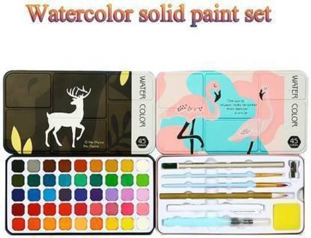 Levin 45 Colors Solid Watercolor Paint Set Metal Box Painting Pigment With Water Brush ,yellow sponge, Mop brush, Art Outliners, 2pc Round brush, pencil, pencil sapnar and Beginner Drawing Watercolor Paper Supplies.
