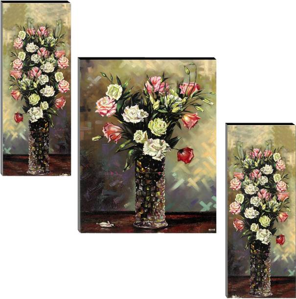 इंडियानारा Set of 3 Flowers in Vases MDF Art Painting (1706FL) without glass (4.5 X 12, 9 X 12, 4.5 X 12 INCH) डिजिटल रीप्रिंट 12 inch x 18 inch पेंटिंग