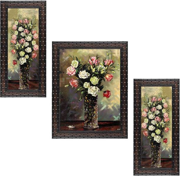 Indianara Set of 3 Flowers in Vases Framed Art Painting (1706GB) without glass (6 X 13, 10.2 X 13, 6 X 13 INCH) Digital Reprint 13 inch x 10.2 inch Painting