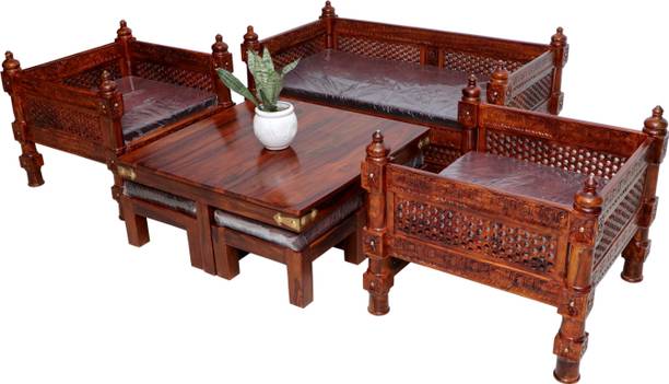 Advika Handicraft Antique Sheesham Solid Wood Sofa Set | Wooden Sofa Set | Living Room Furniture (2+1+1 with 4 Stool Center Table ) Fabric 2 + 1 + 1 Sofa Set