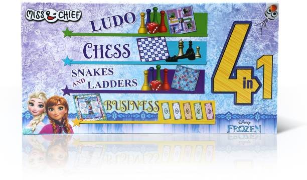 Miss & Chief Frozen 4 Board Games in 1 Pack (Ludo, Chess, Snakes And Ladders, Business) Party & Fun Games Board Game