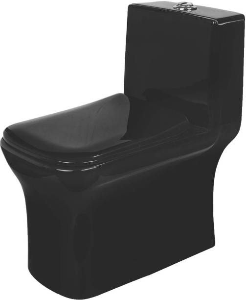 BM BELMONTE Ceramic One-Piece Western Toilet Commode Water Closet EWC Floor Mounted Battle S Trap 225mm / 9 Inch OUTLET Is on FLOOR Full Black Color Western Commode