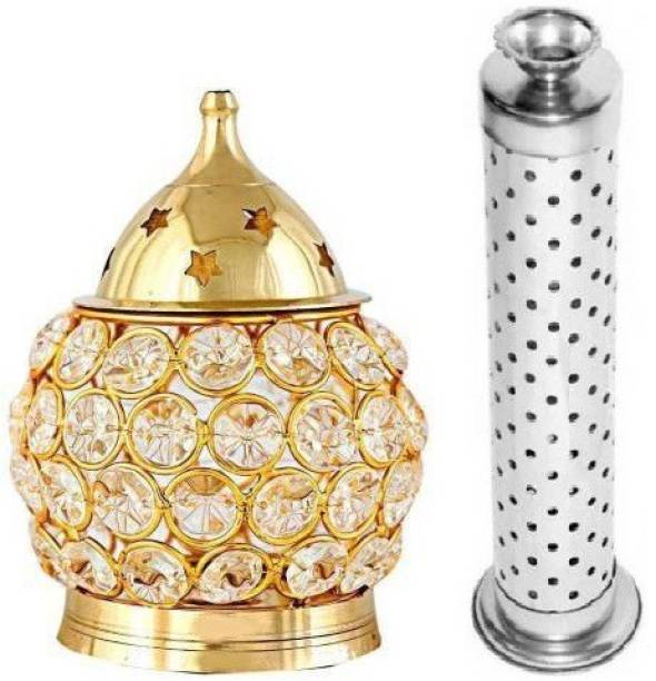 Fashion Bizz Combo Set of Brass Crystal diya and agarbatti stand | incense Holder Brass, Steel (Pack of 2) Table Diya Set