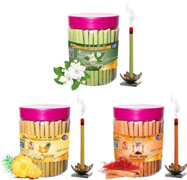 Shankh Kesar Chandan, Mogra & Pineapple Dhoop Stick (Incense Stick) Pack of 450 gram (150 + 150 + 150) Fragrances Kesar Chandan, Mogra, Pineapple