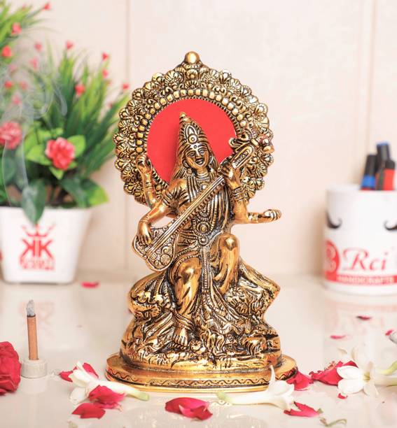 KridayKraft Maa Saraswati Siting Gold Plated Metal Statue Hindu Goddess,Maa Veena Vadini Saraswati idol Murti for Puja Room, Meditation, Office, Home Decorative,Showpiece Figurines & Exclusive Gifts for corporate gift,Religious idol Gift Article... डेकोरेटिव शोपीस  -  22.5 cm