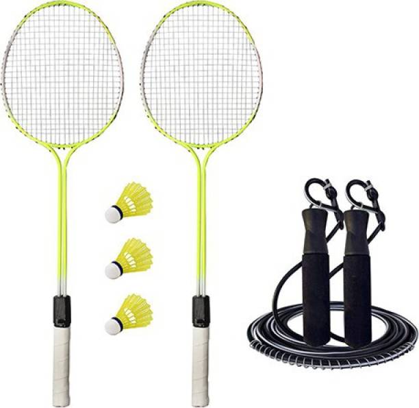 CLOVERBYTE Combo Pack Of Florescent Double Shaft Badminton Set Of 2 Piece Badminton Racquet with 3 Piece Plastic Shuttle With Adjustable Skipping Rope Badminton Kit