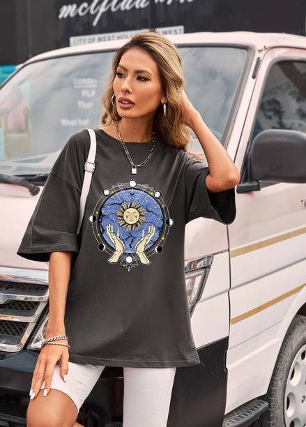 Urbanic Printed Women Round Neck Grey T-Shirt
